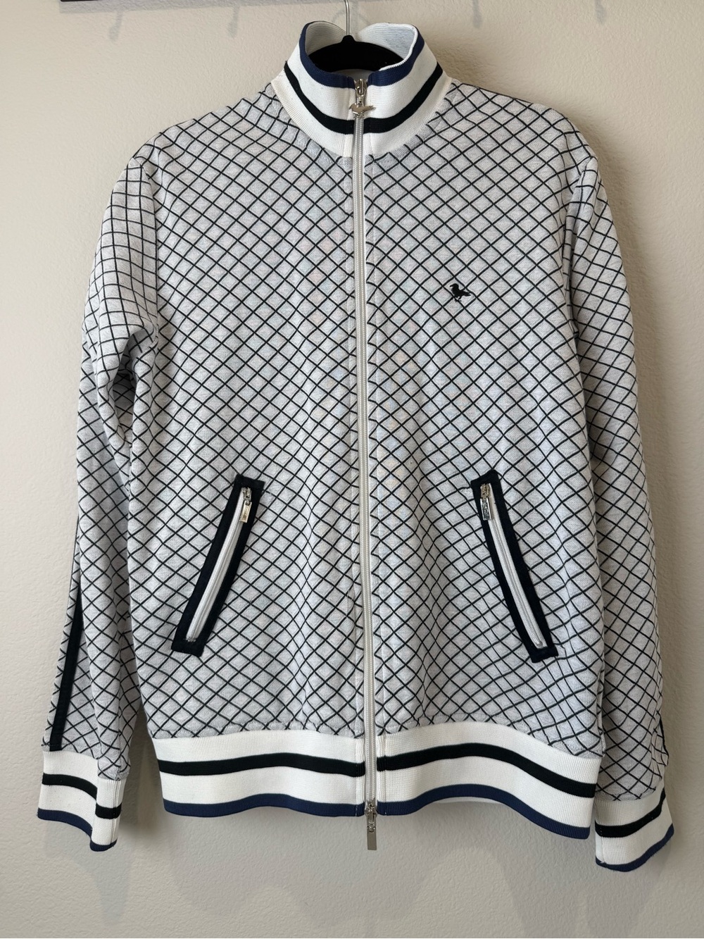 Modern Amusement White Grid Jacket with Navy Trim